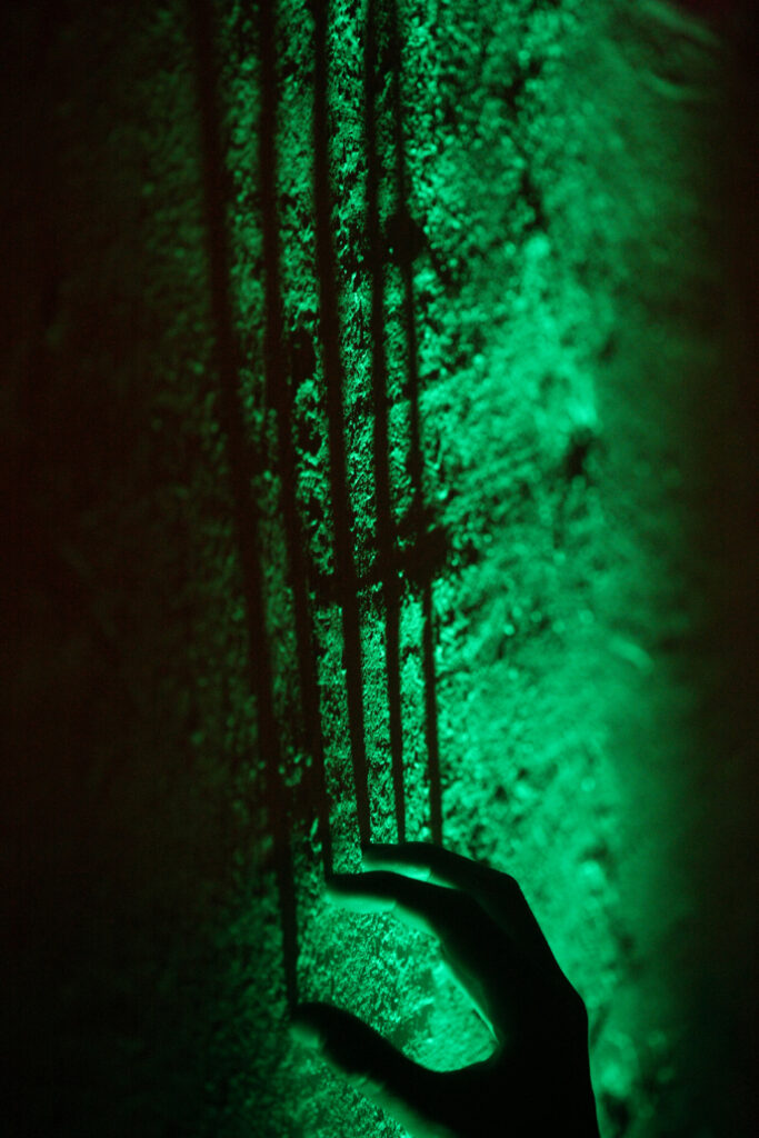 TRACE : ombre d’une main et lignes verticales sur une surface texturée éclairée en vert.